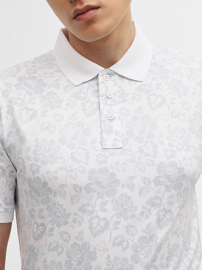 White Printed Slim Fit Polo T-Shirt | JadeBlue