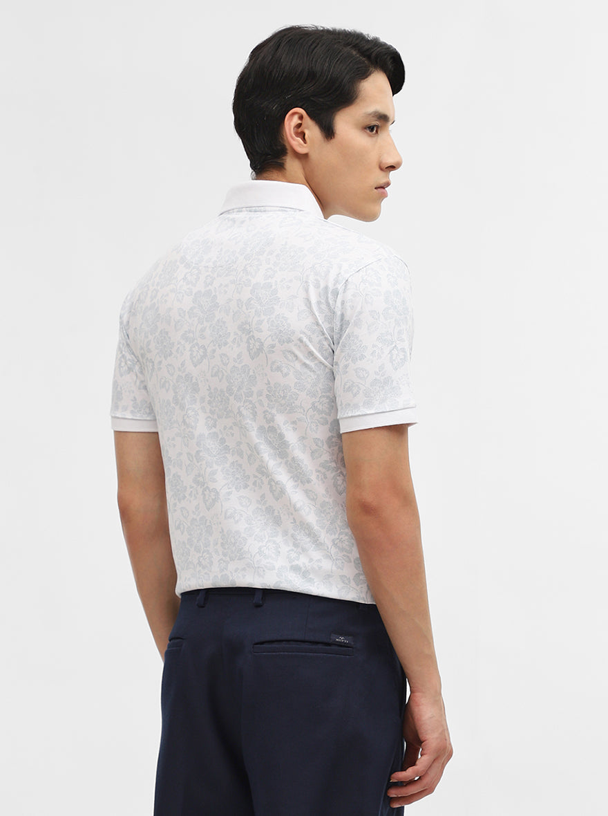 White Printed Slim Fit Polo T-Shirt | JadeBlue