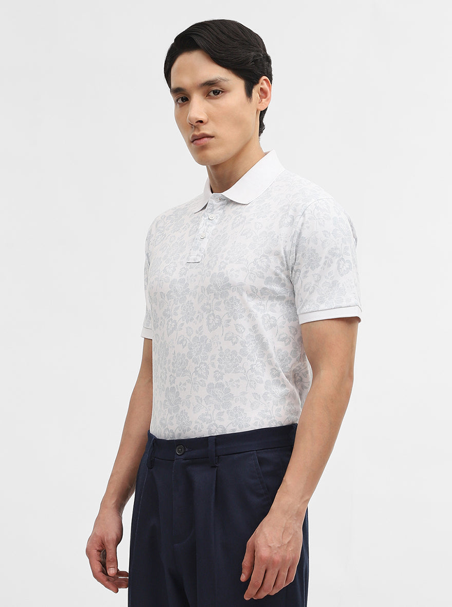 White Printed Slim Fit Polo T-Shirt | JadeBlue