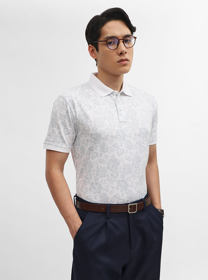 White Printed Slim Fit Polo T-Shirt | JadeBlue