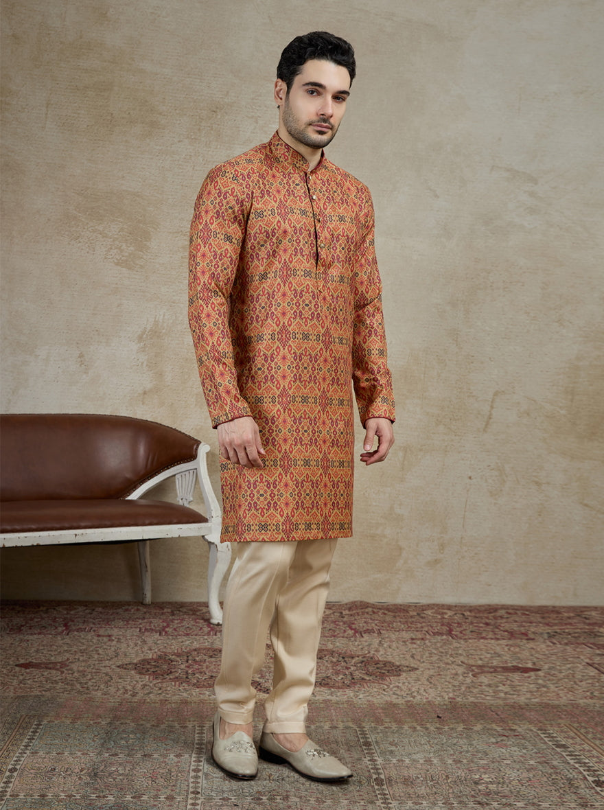 Beige & Maroon Printed Kurta | The Kurta Company
