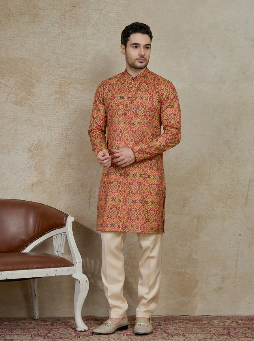 Beige & Maroon Printed Kurta | The Kurta Company