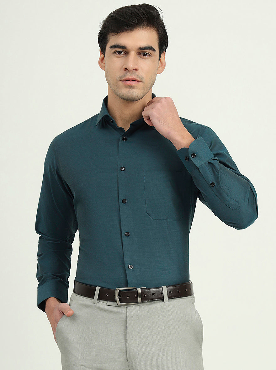 Teal Green Solid Slim Fit Party Wear Shirt | Greenfibre