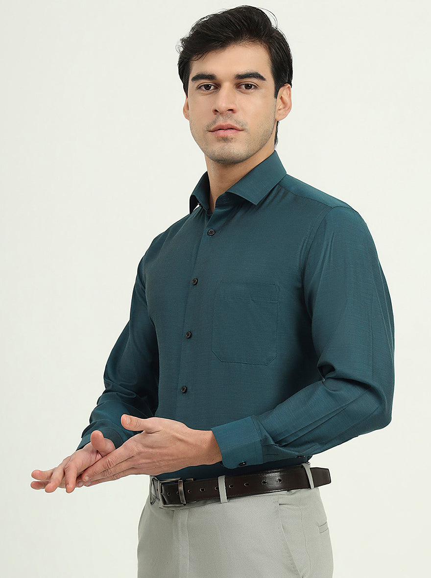 Teal Green Solid Slim Fit Party Wear Shirt | Greenfibre