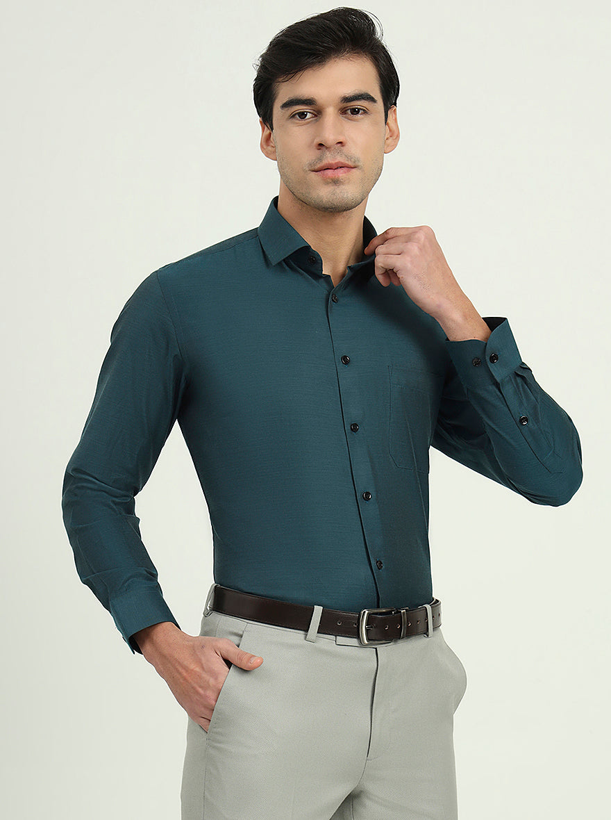 Teal Green Solid Slim Fit Party Wear Shirt | Greenfibre