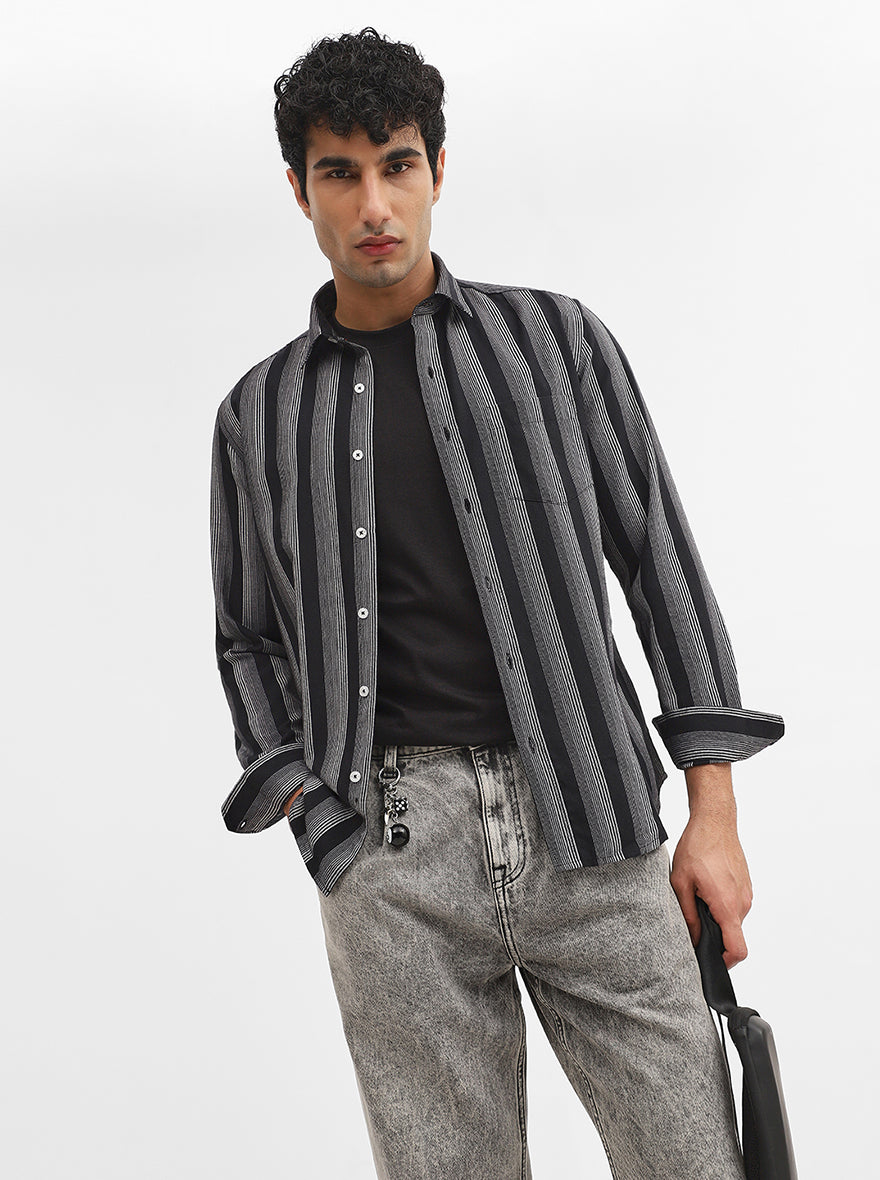 White & Black Striped Slim Fit Casual Shirt | Greenfibre