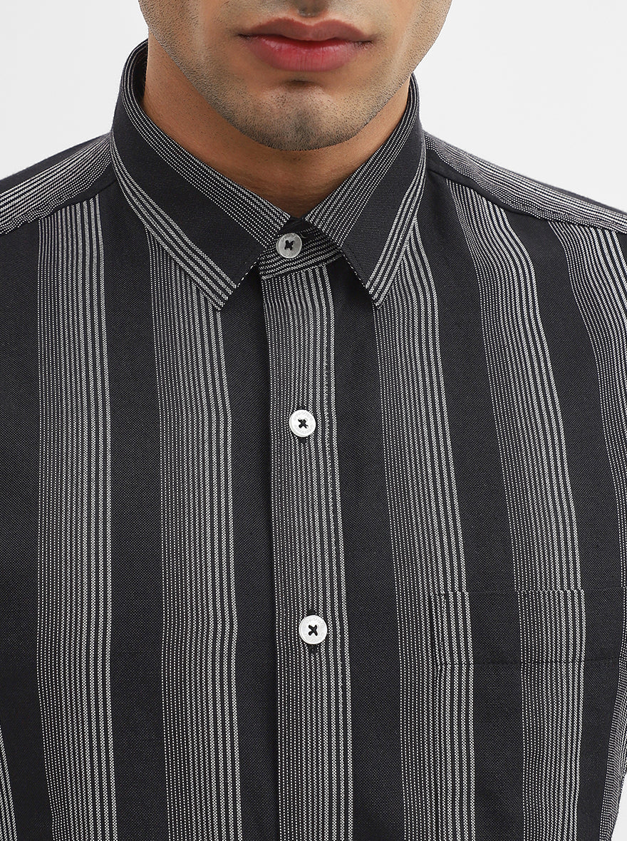 White & Black Striped Slim Fit Casual Shirt | Greenfibre