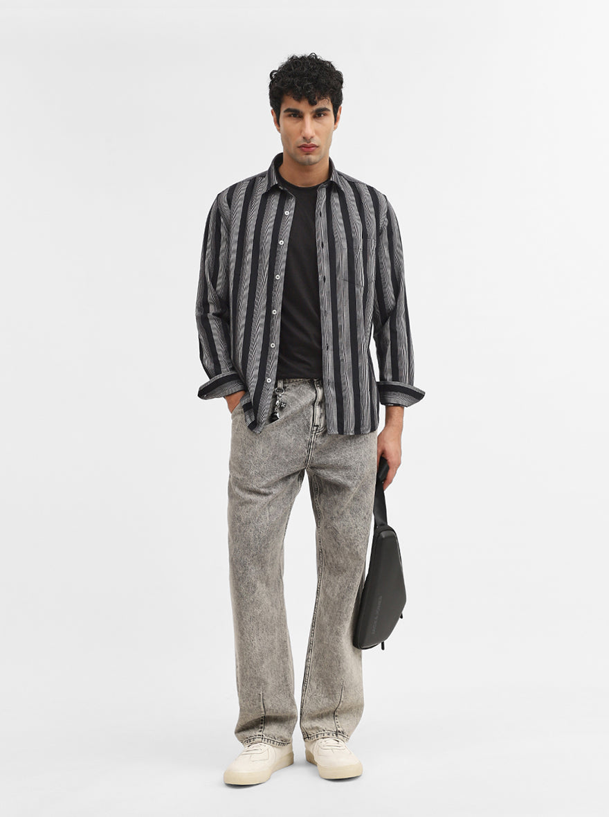 White & Black Striped Slim Fit Casual Shirt | Greenfibre