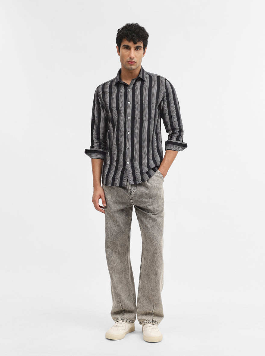 White & Black Striped Slim Fit Casual Shirt | Greenfibre