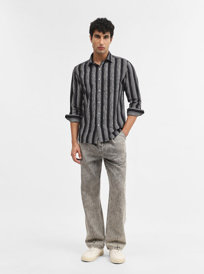 White & Black Striped Slim Fit Casual Shirt | Greenfibre
