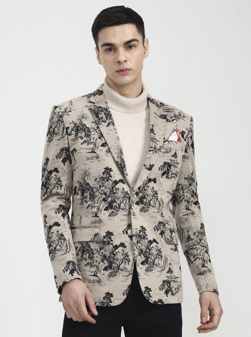 Beige Printed Regular Fit Blazer | Wyre