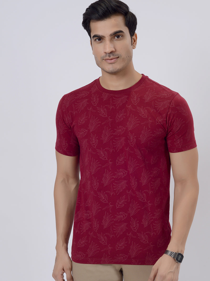 Maroon Printed Slim Fit T-Shirt | JadeBlue