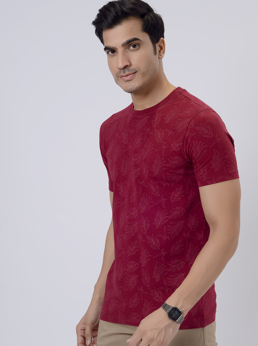Maroon Printed Slim Fit T-Shirt | JadeBlue