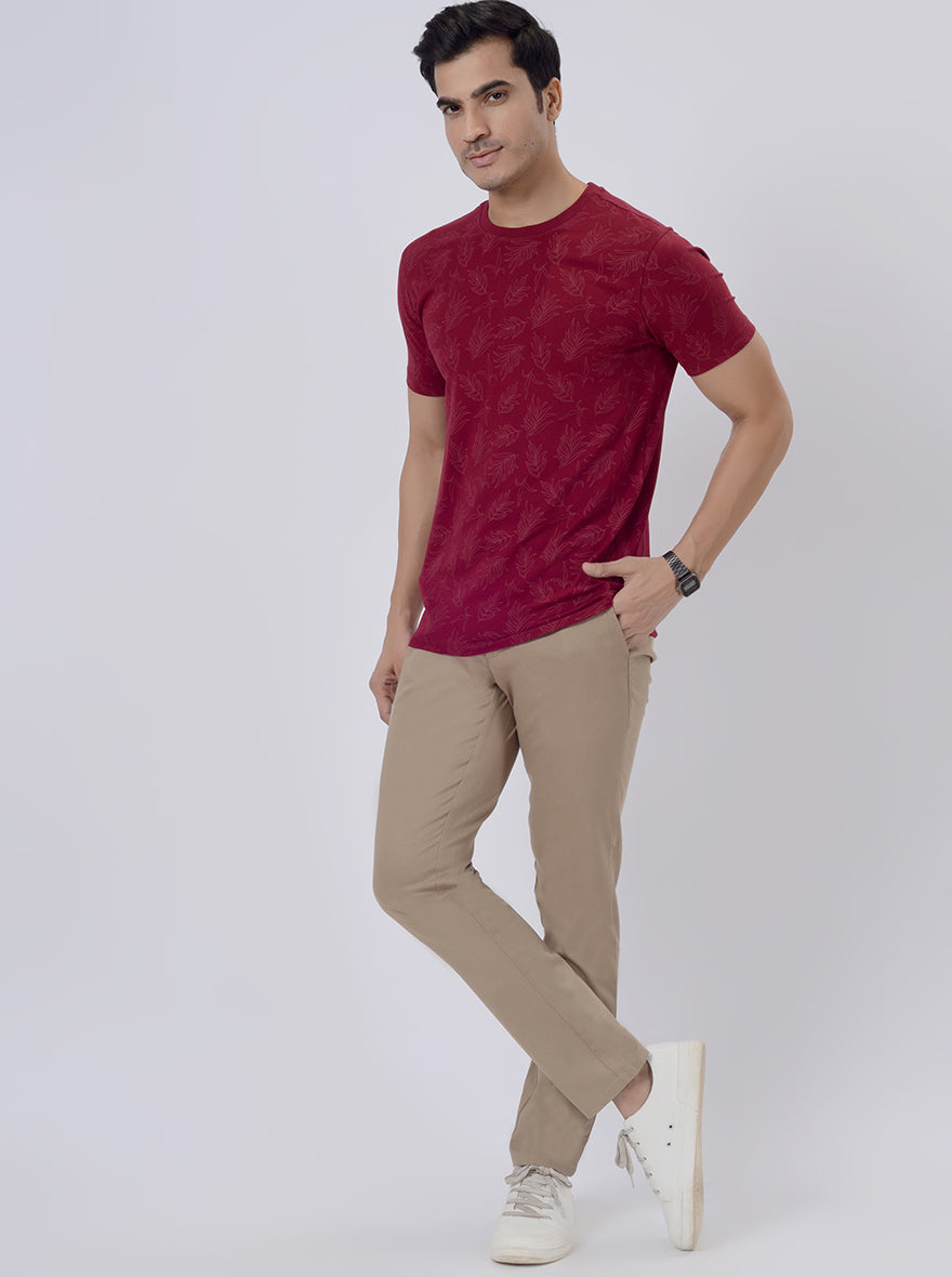 Maroon Printed Slim Fit T-Shirt | JadeBlue