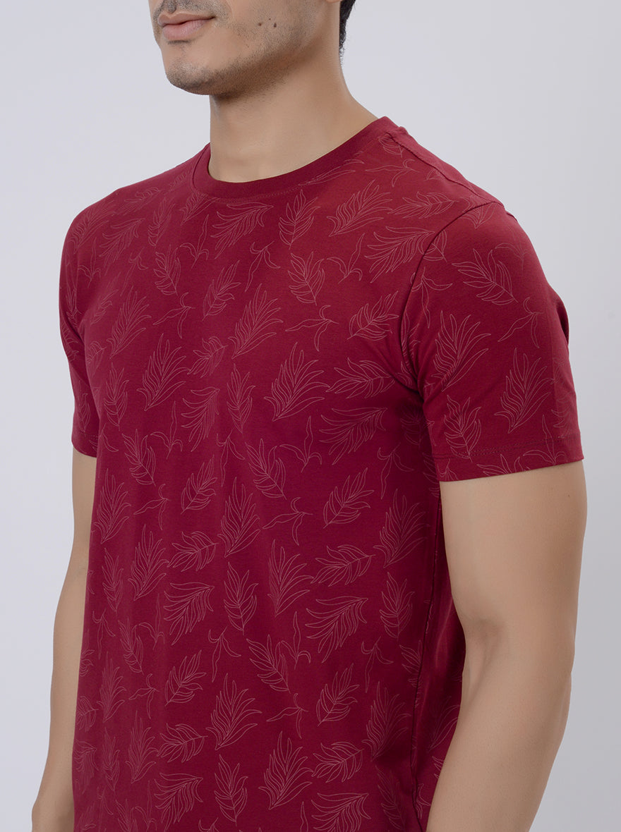 Maroon Printed Slim Fit T-Shirt | JadeBlue