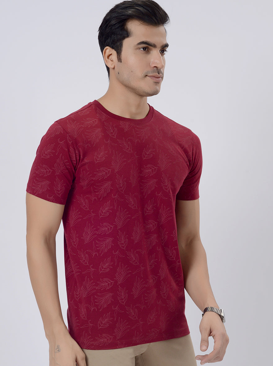 Maroon Printed Slim Fit T-Shirt | JadeBlue