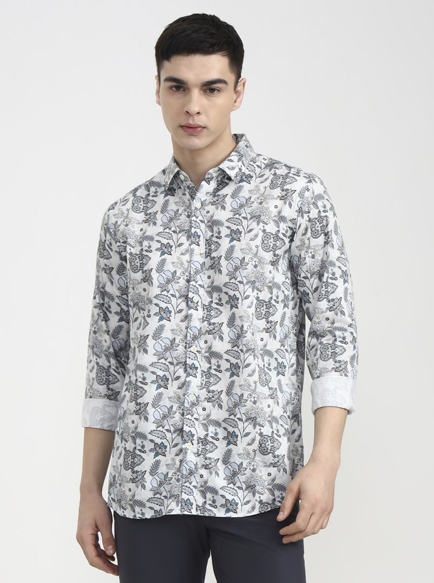 White & Blue Printed Slim Fit Casual Shirt | JadeBlue