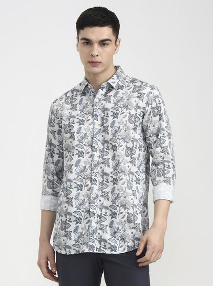 White & Blue Printed Slim Fit Casual Shirt | JadeBlue