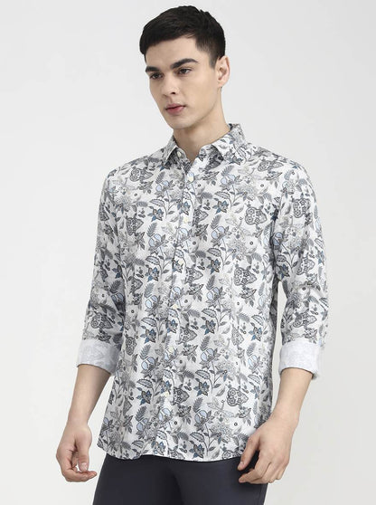 White & Blue Printed Slim Fit Casual Shirt | JadeBlue