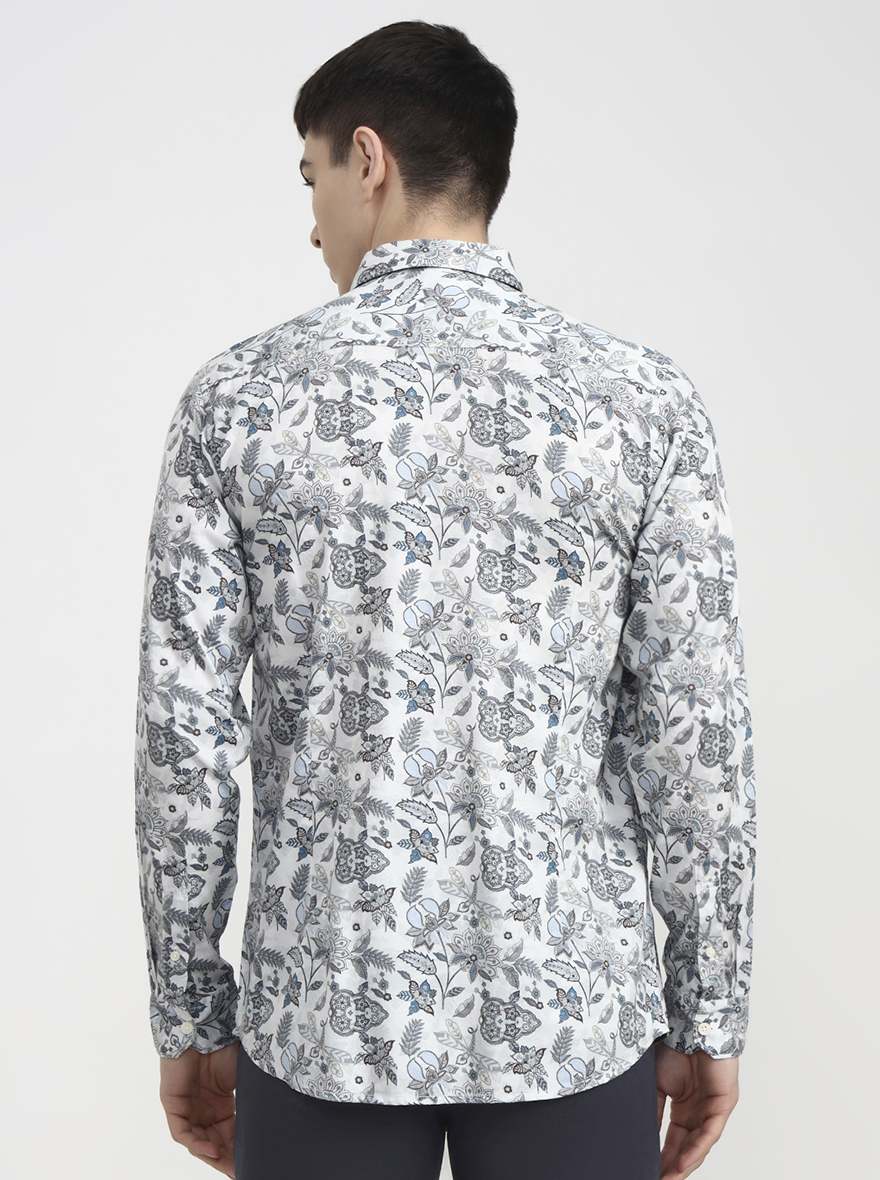 White & Blue Printed Slim Fit Casual Shirt | JadeBlue