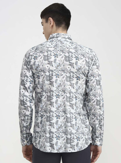 White & Blue Printed Slim Fit Casual Shirt | JadeBlue