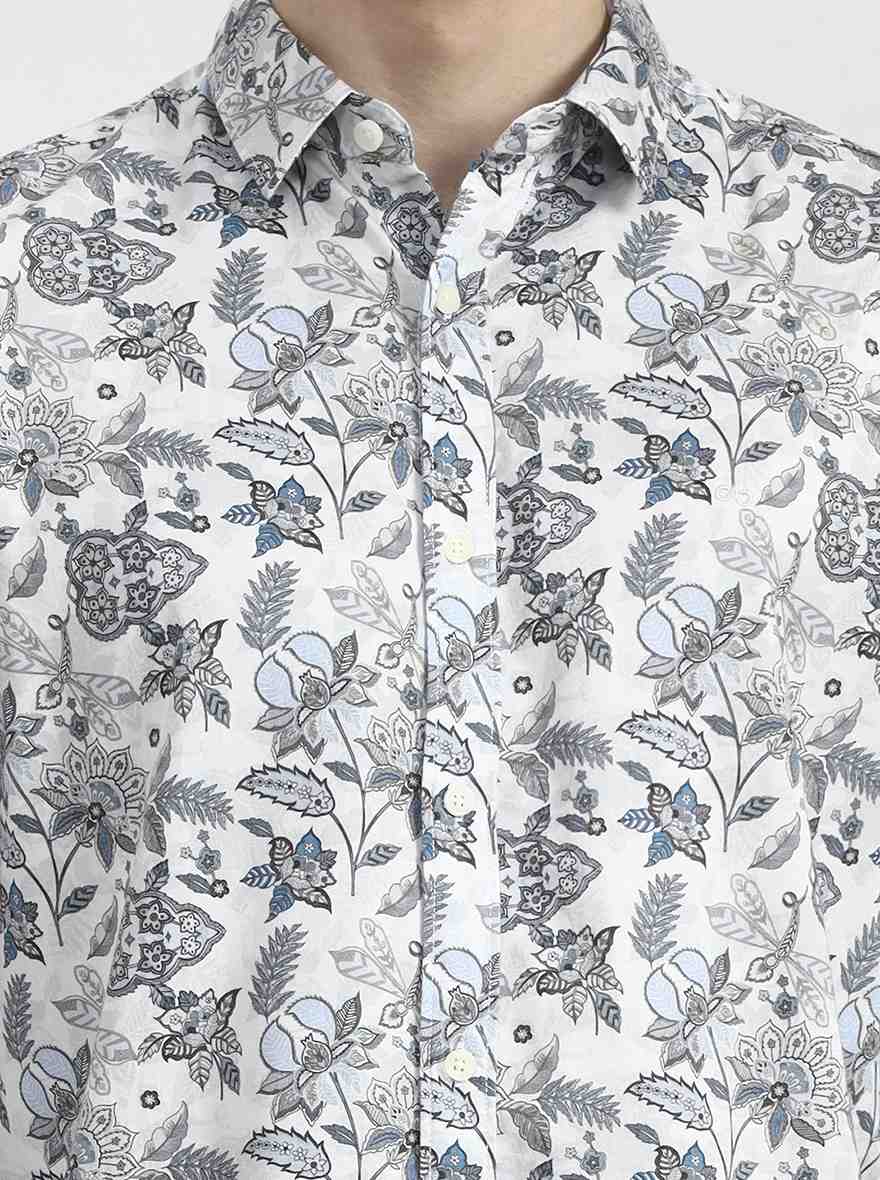 White & Blue Printed Slim Fit Casual Shirt | JadeBlue