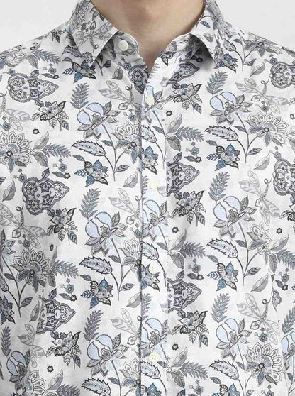 White & Blue Printed Slim Fit Casual Shirt | JadeBlue