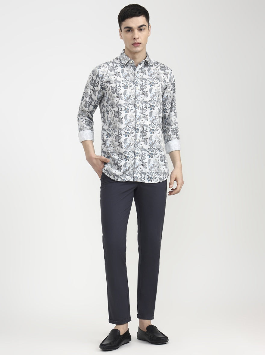 White & Blue Printed Slim Fit Casual Shirt | JadeBlue