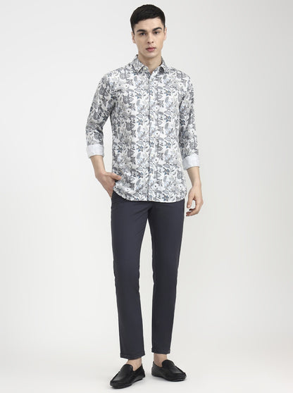 White & Blue Printed Slim Fit Casual Shirt | JadeBlue
