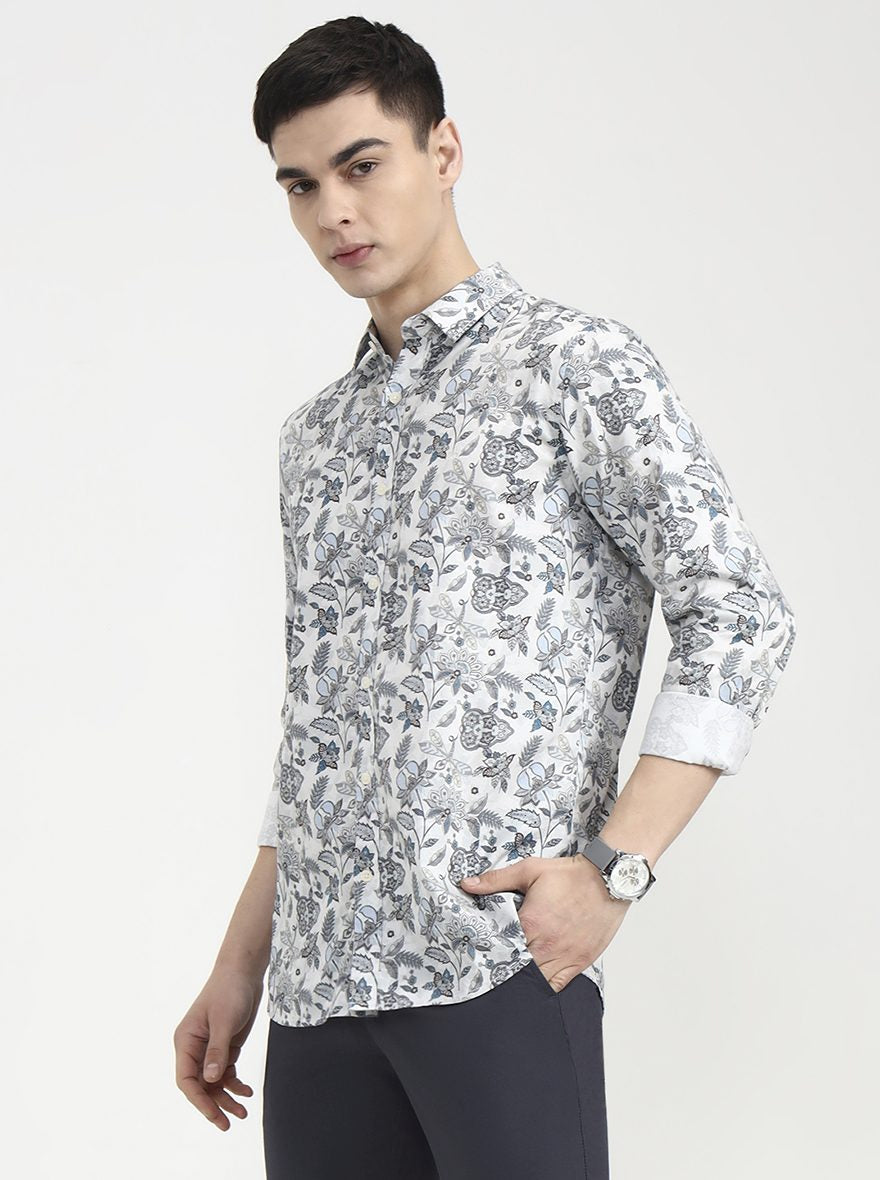 White & Blue Printed Slim Fit Casual Shirt | JadeBlue