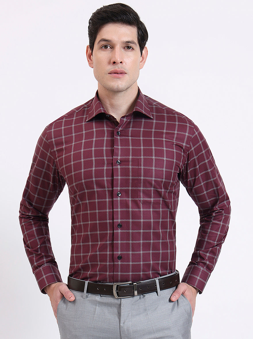 Maroon Checked Slim Fit Formal Shirt | Metal