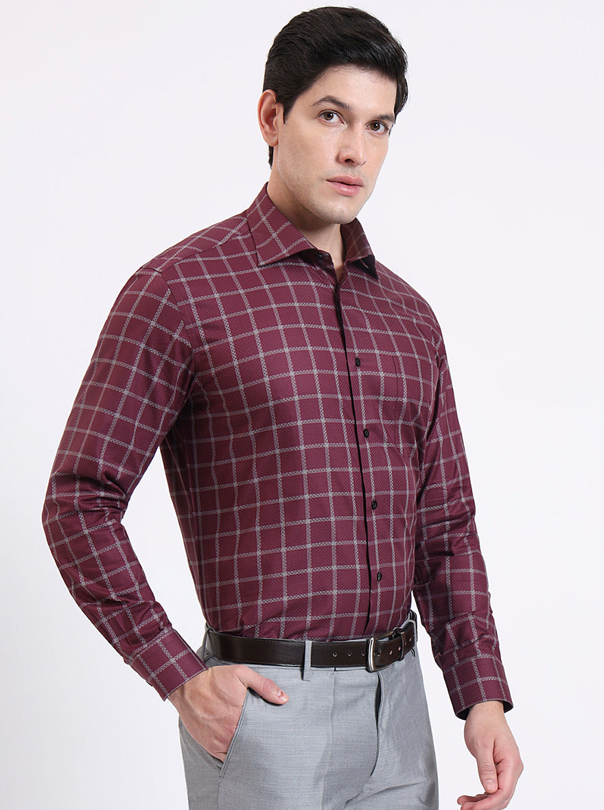 Maroon Checked Slim Fit Formal Shirt | Metal
