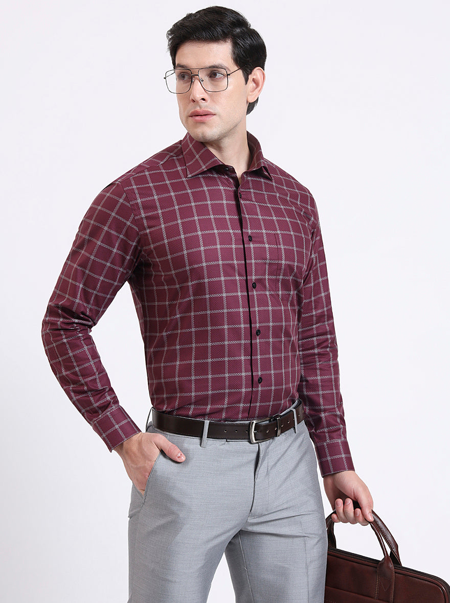 Maroon Checked Slim Fit Formal Shirt | Metal