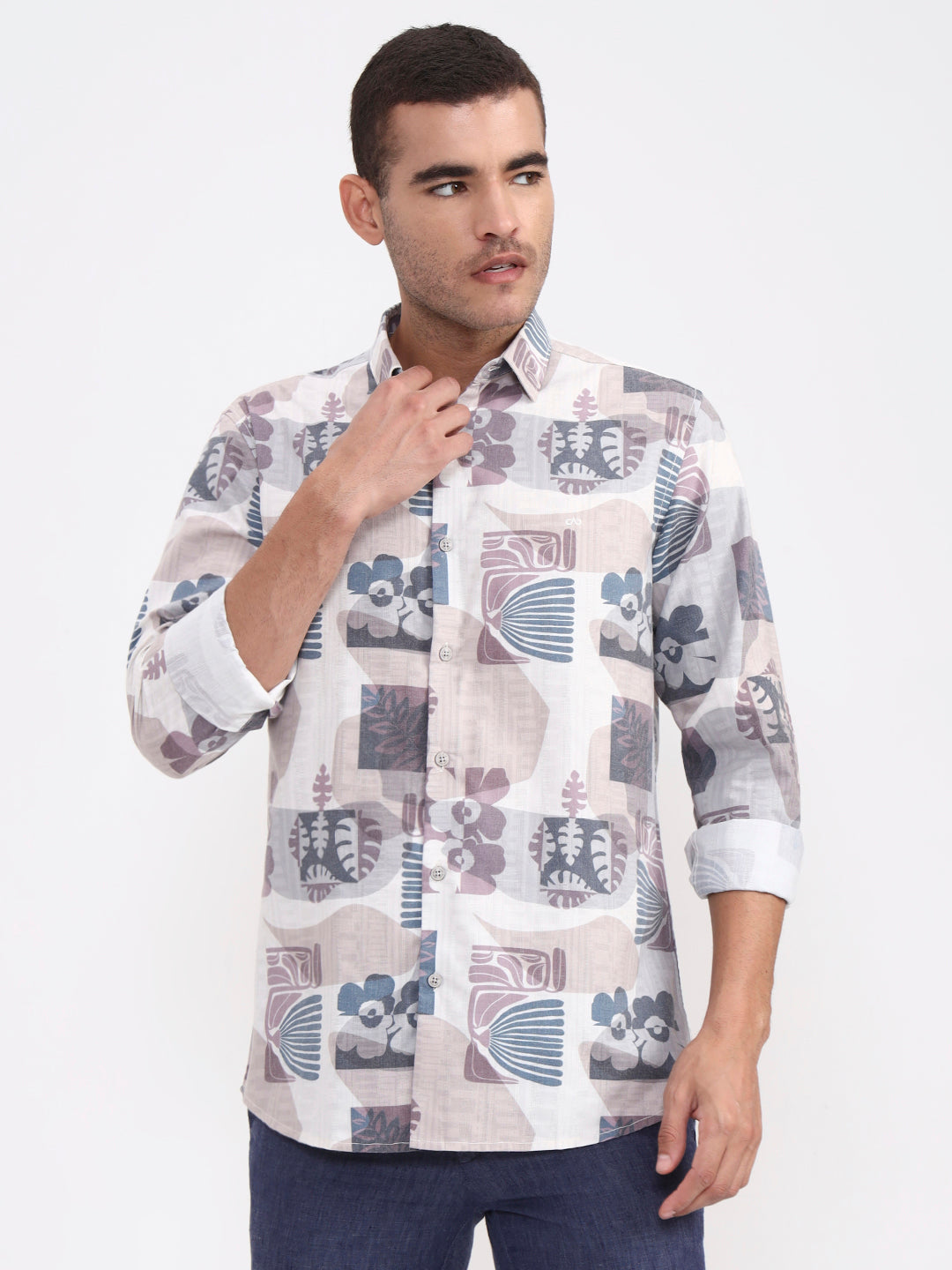 Beige Printed Slim Fit Casual Shirt | JadeBlue
