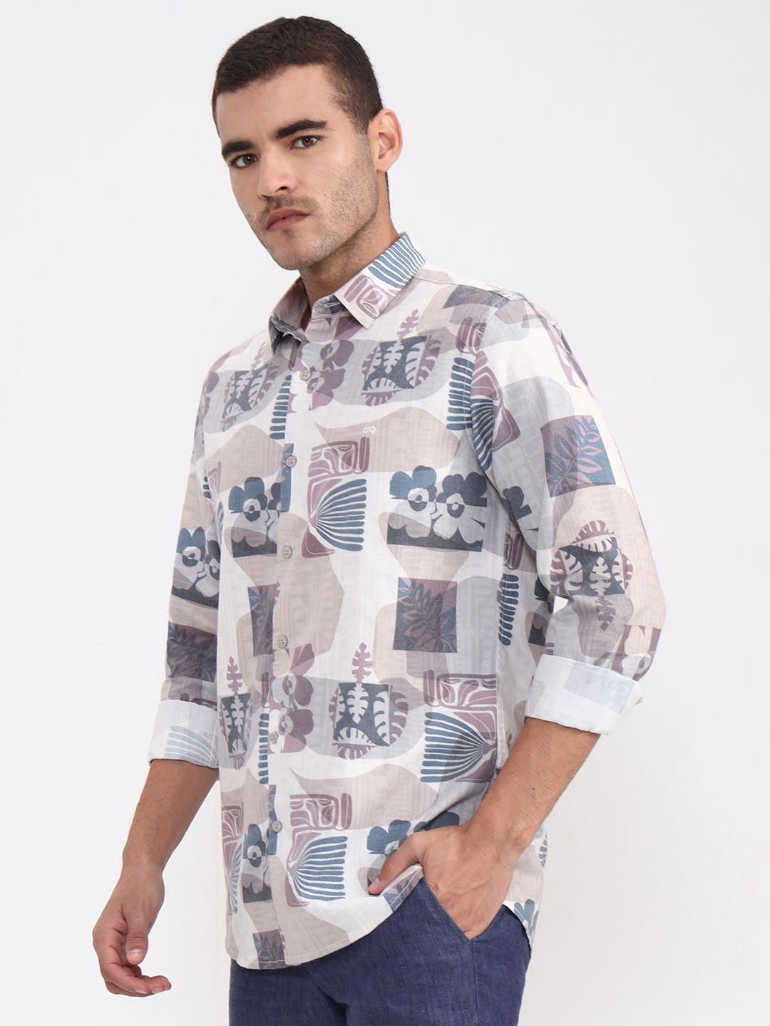 Beige Printed Slim Fit Casual Shirt | JadeBlue