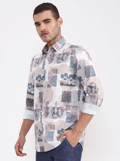 Beige Printed Slim Fit Casual Shirt | JadeBlue