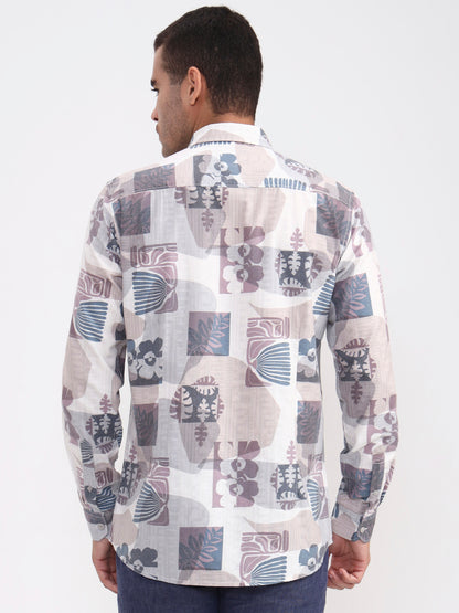 Beige Printed Slim Fit Casual Shirt | JadeBlue