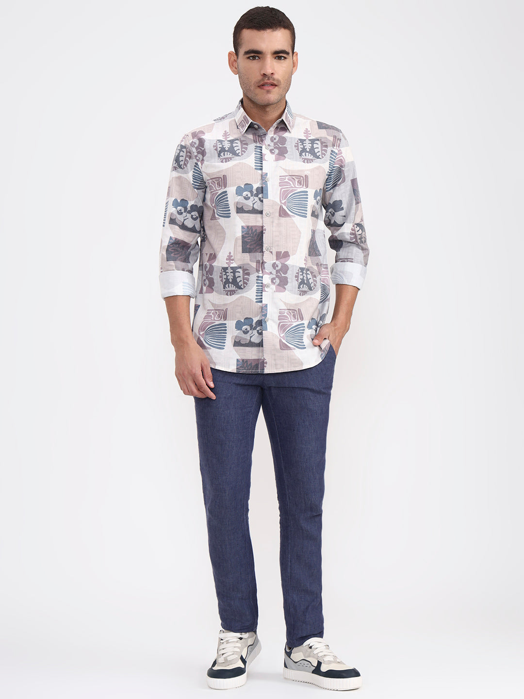 Beige Printed Slim Fit Casual Shirt | JadeBlue