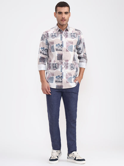 Beige Printed Slim Fit Casual Shirt | JadeBlue