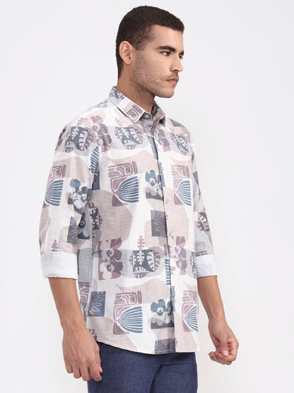 Beige Printed Slim Fit Casual Shirt | JadeBlue
