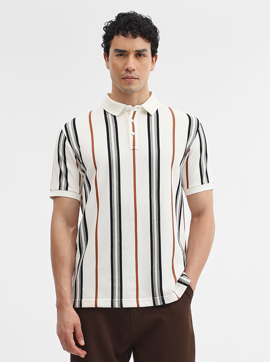 White & Grey Striped Slim Fit Polo T-Shirt | JadeBlue