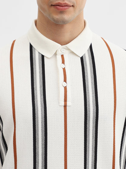 White & Grey Striped Slim Fit Polo T-Shirt | JadeBlue
