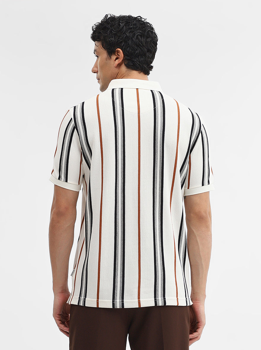 White & Grey Striped Slim Fit Polo T-Shirt | JadeBlue