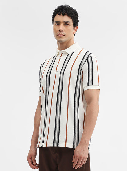 White & Grey Striped Slim Fit Polo T-Shirt | JadeBlue