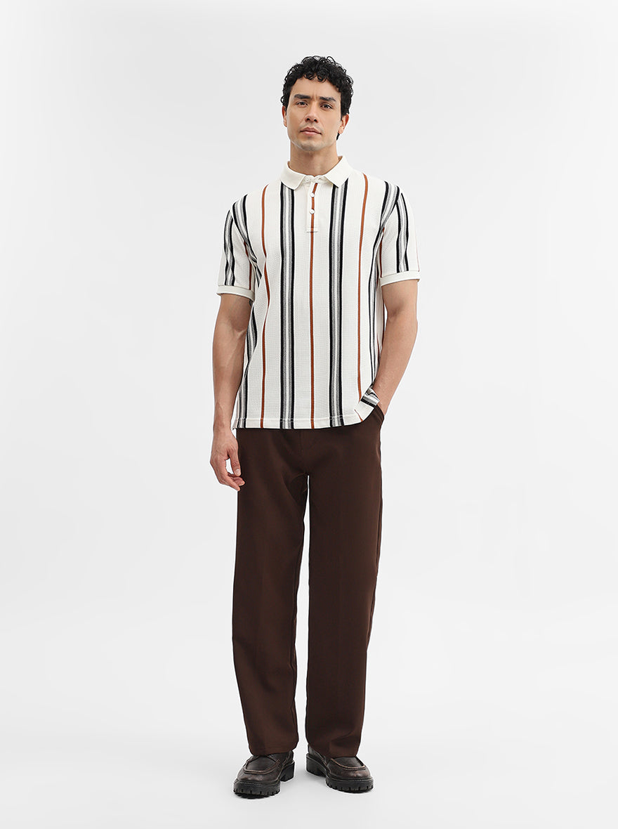 White & Grey Striped Slim Fit Polo T-Shirt | JadeBlue