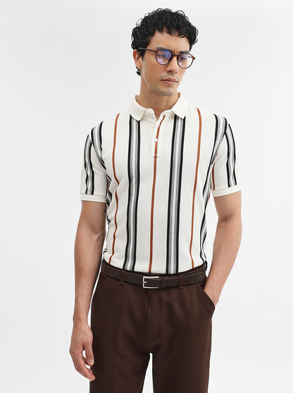 White & Grey Striped Slim Fit Polo T-Shirt | JadeBlue