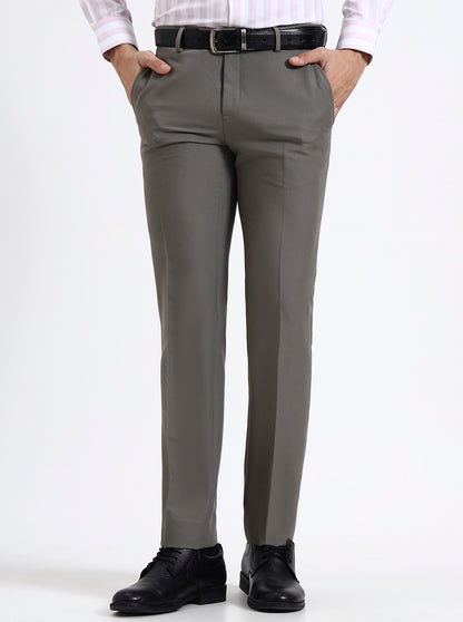 Grey Solid Slim Fit Formal Trouser | Metal