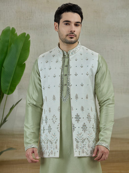 Cream Embroidered Kurta Pajama with Koti | Virasana