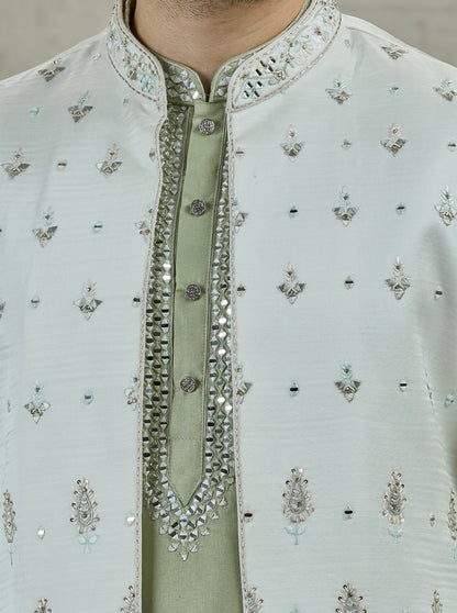 Cream Embroidered Kurta Pajama with Koti | Virasana