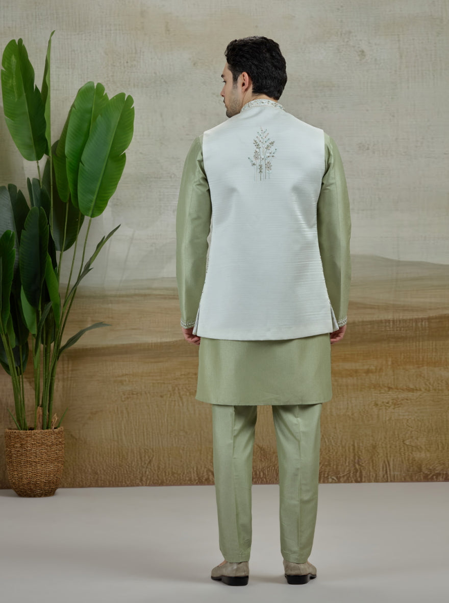 Cream Embroidered Kurta Pajama with Koti | Virasana